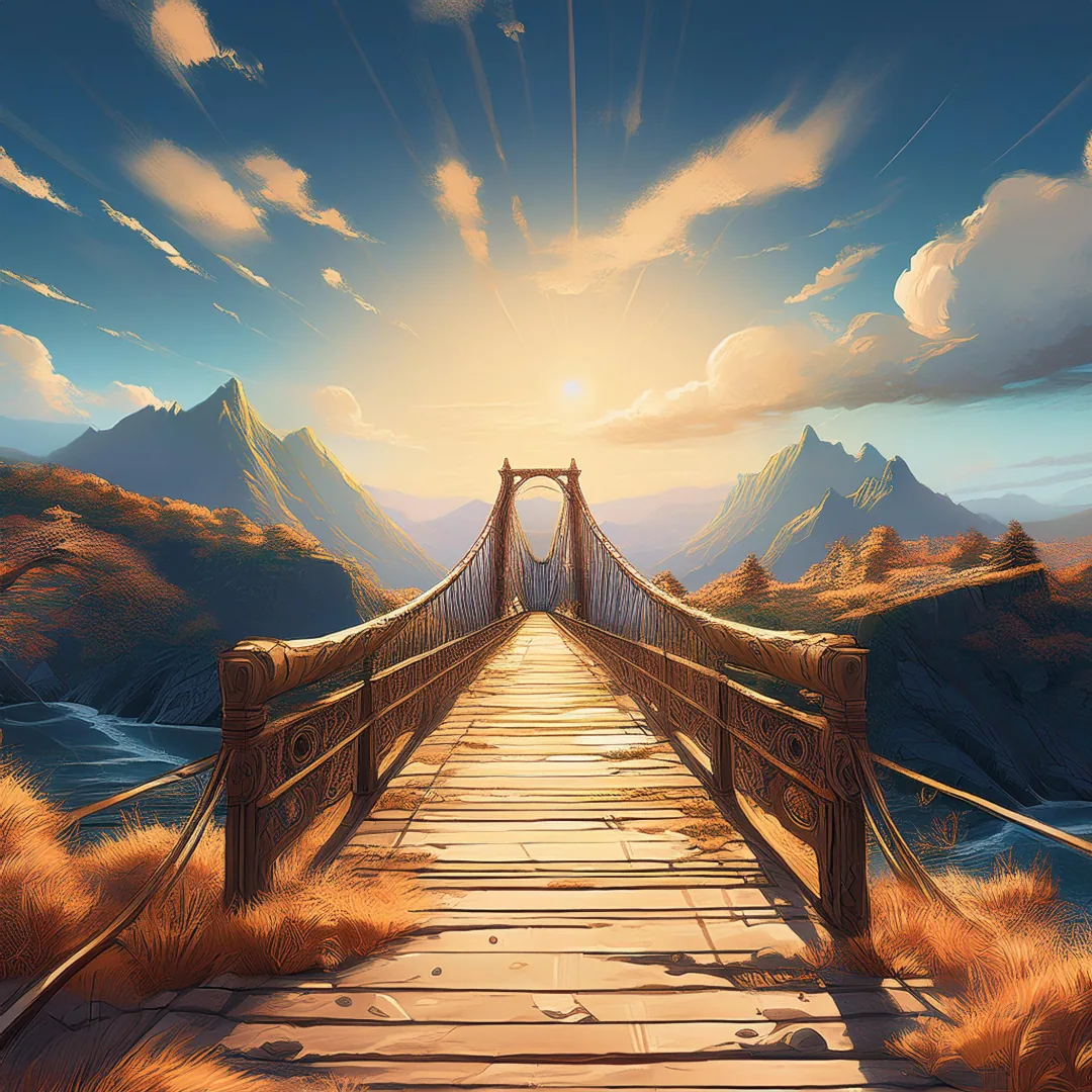 Hängebrücke, die in einen weiten Himmel führt Hängebrücke, die in einen weiten Himmel führt