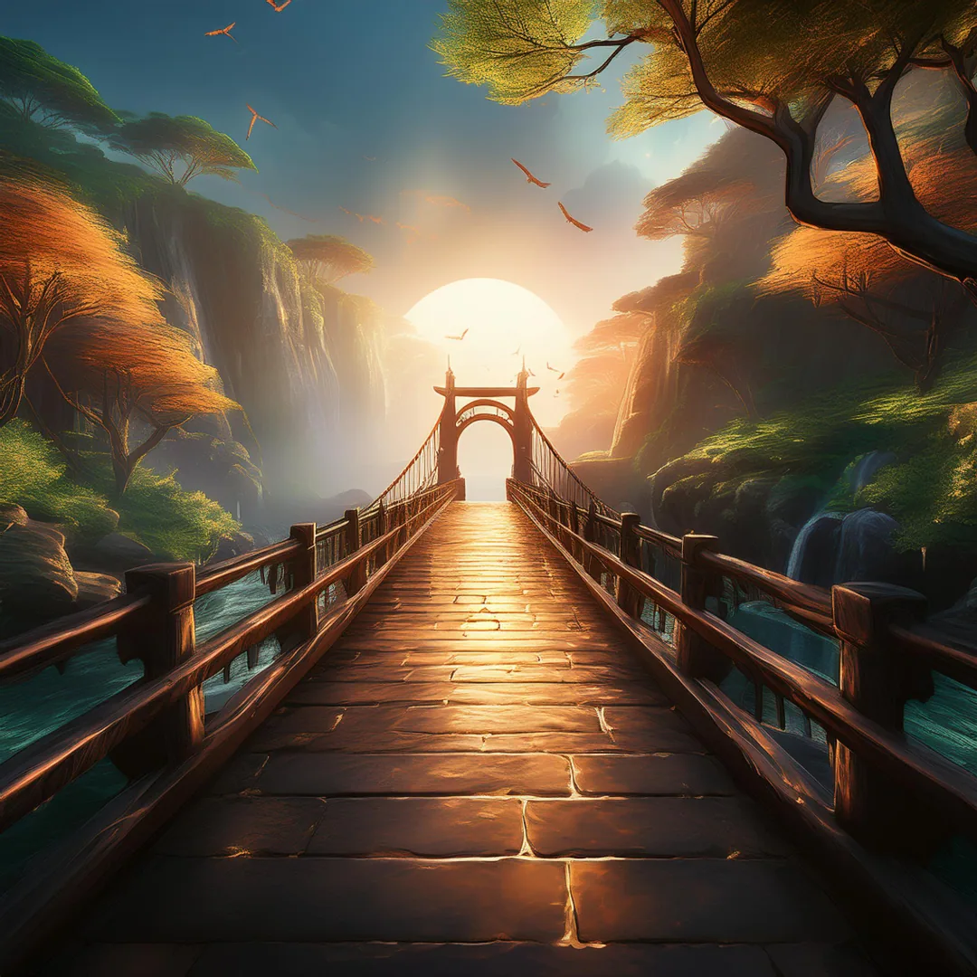 Hölzerne Brücke, die in ein Licht am Ende des Weges führt Hölzerne Brücke, die in ein Licht am Ende des Weges führt