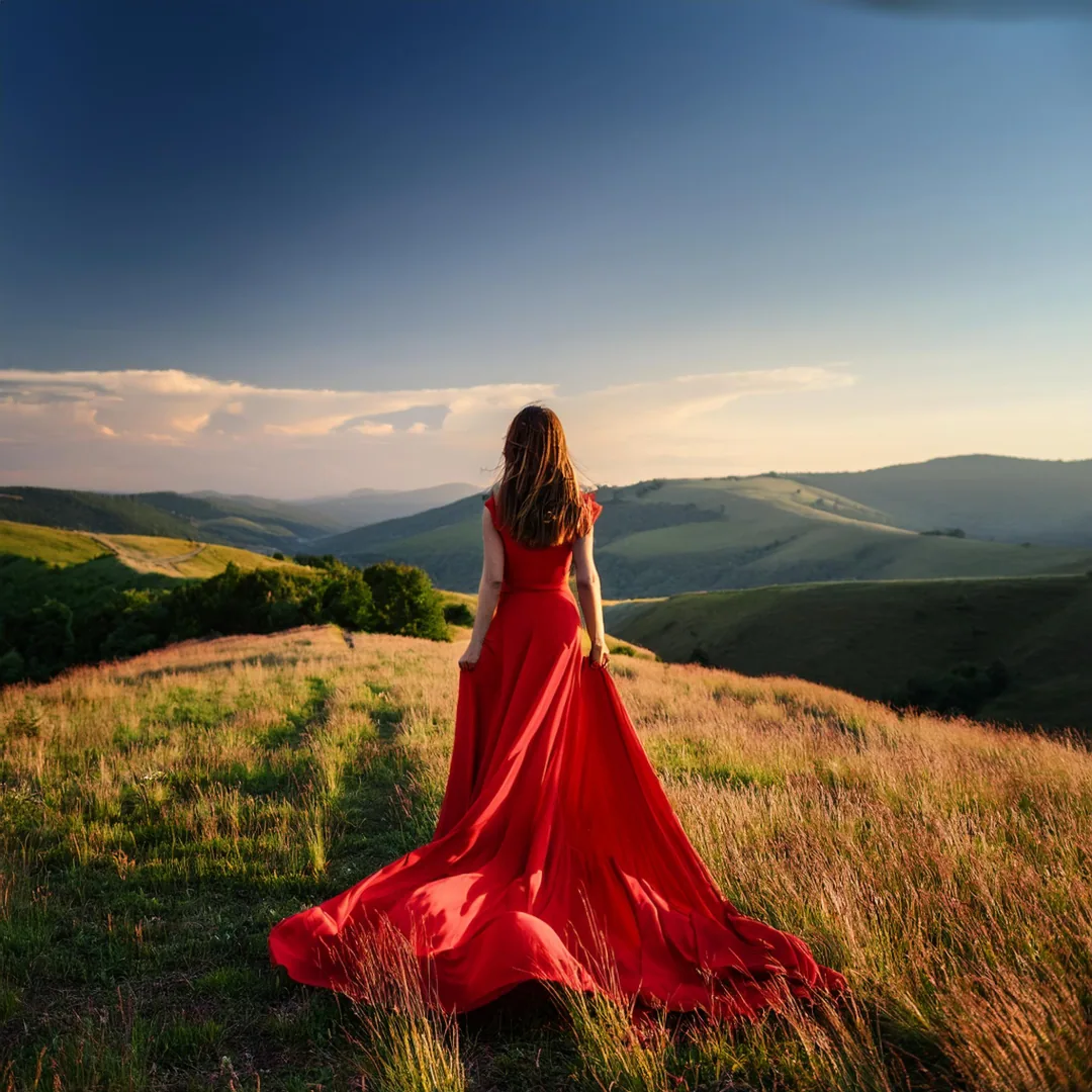 Frau im roten Kleid in weiter Landschaft