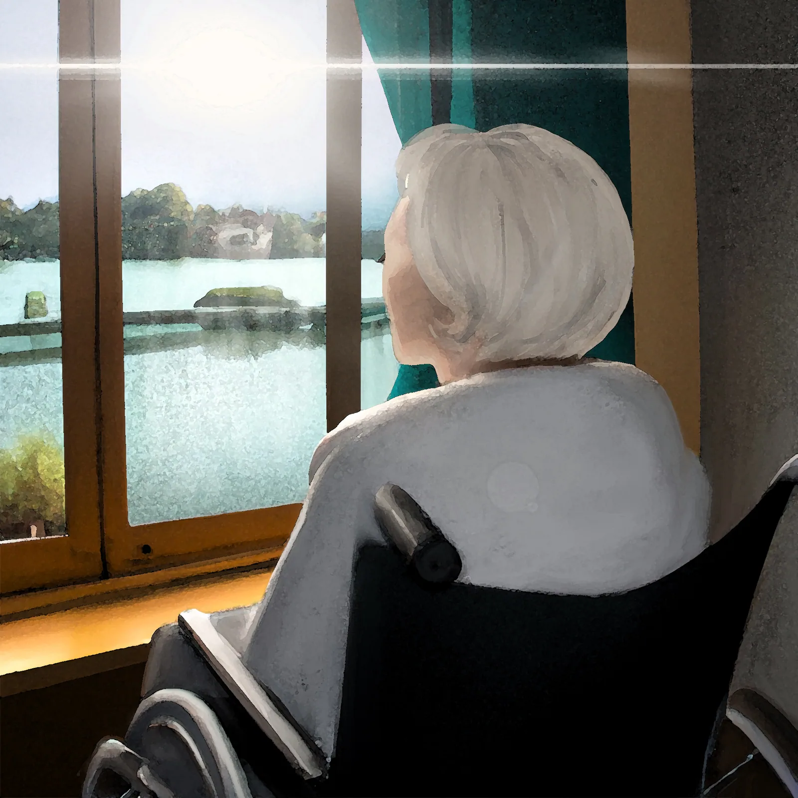 Ältere Frau am Fenster mit Blick auf einen See als Sinnbild für Reisen in die Zukunft Ältere Frau am Fenster mit Blick auf einen See als Sinnbild für Reisen in die Zukunft
